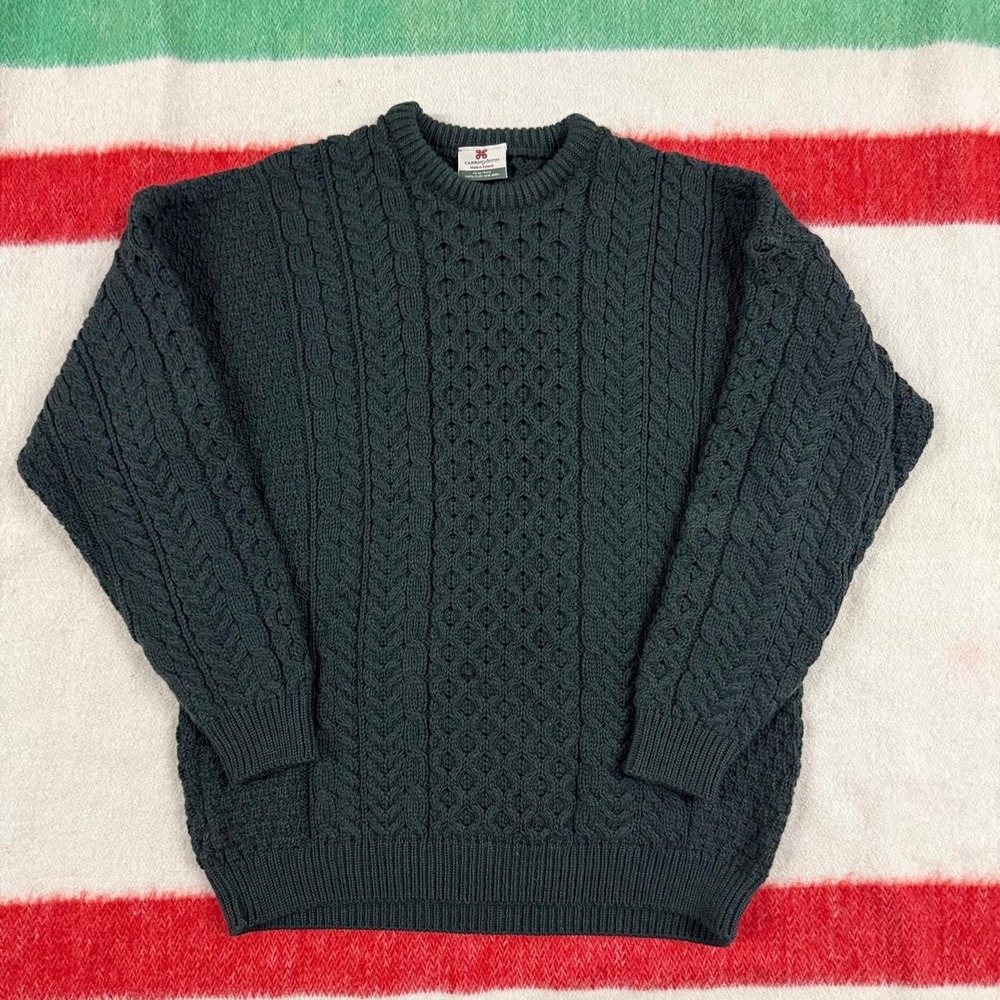 Carraig Donn Mens XL Green Wool Cable Knit Fisherman Sweater Made in Ireland